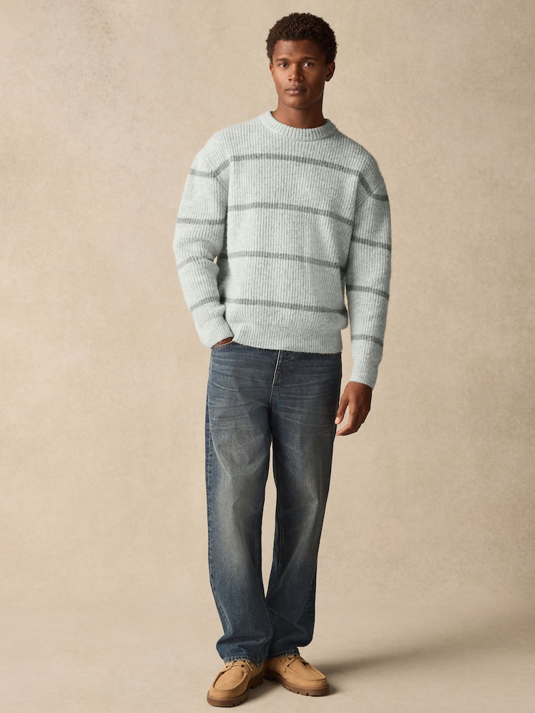 Grey Regular Fit Horizontal Stripe Crew Jumper with Wool - Image 2 of 8