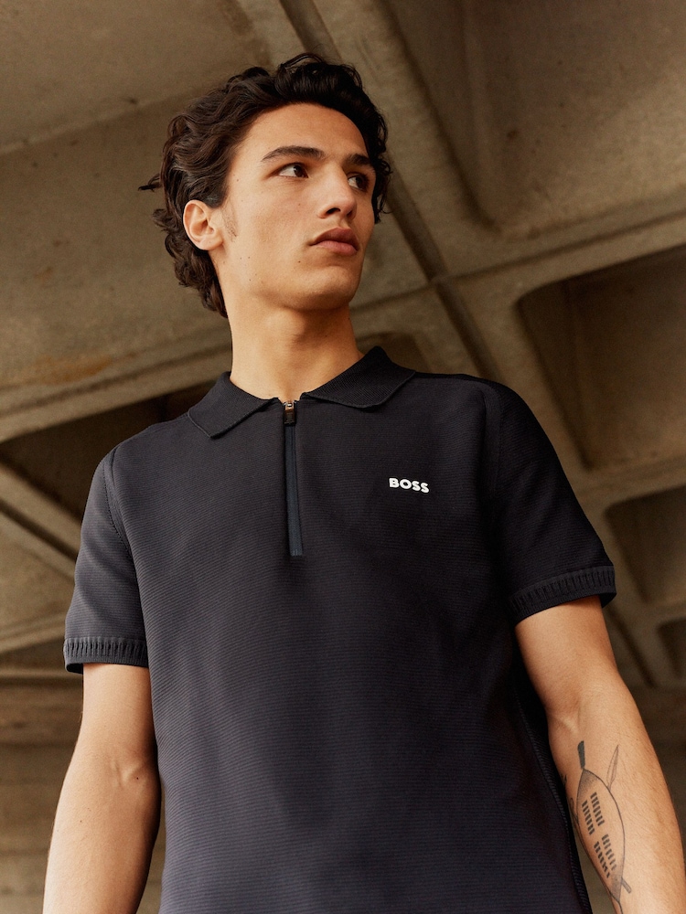 BOSS Black Logo Detail Short-Sleeved Zip-Neck Polo Sweater - Image 1 of 8