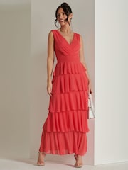 Jolie Moi Red Plain Wrap Bodice Mesh Maxi Dress - Image 1 of 6