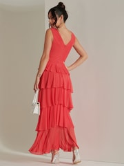Jolie Moi Red Plain Wrap Bodice Mesh Maxi Dress - Image 2 of 6