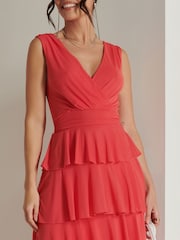 Jolie Moi Red Plain Wrap Bodice Mesh Maxi Dress - Image 3 of 6