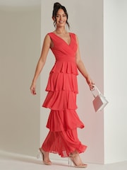 Jolie Moi Red Plain Wrap Bodice Mesh Maxi Dress - Image 5 of 6