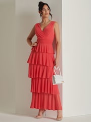Jolie Moi Red Plain Wrap Bodice Mesh Maxi Dress - Image 6 of 6