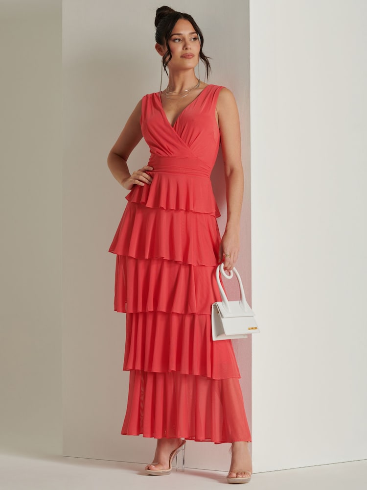 Jolie Moi Red Plain Wrap Bodice Mesh Maxi Dress - Image 6 of 6