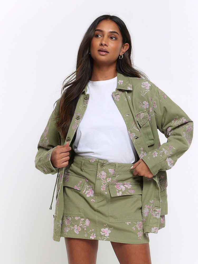 River Island Khaki Embroidered Cargo Mini Skirt - Image 1 of 4