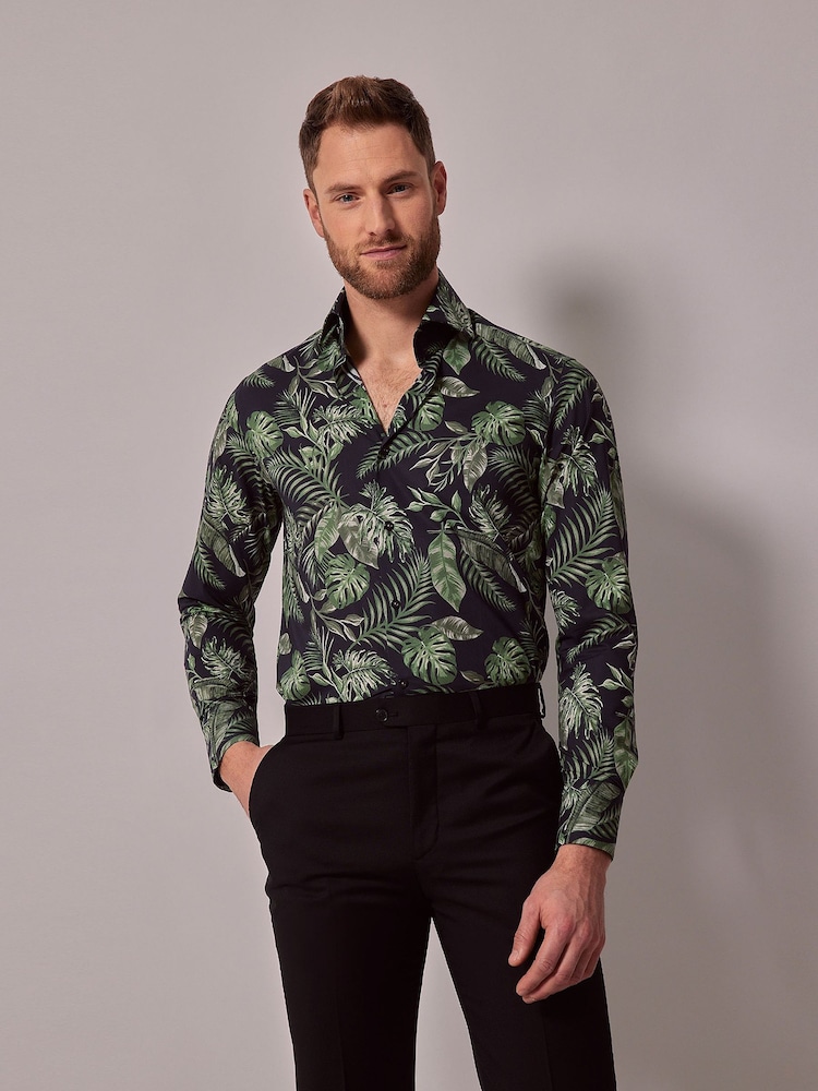 Hawes & Curtis Green Leaf Print Slim High Collar 100% Cotton Shirt - Image 1 of 5
