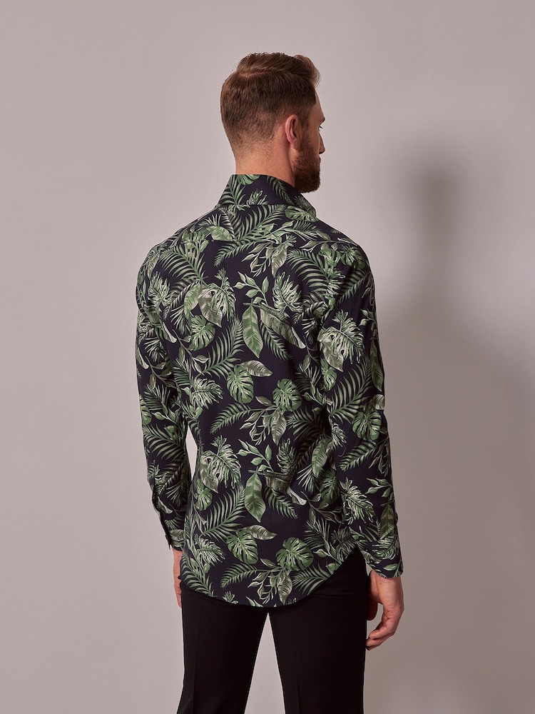 Hawes & Curtis Green Leaf Print Slim High Collar 100% Cotton Shirt - Image 2 of 5
