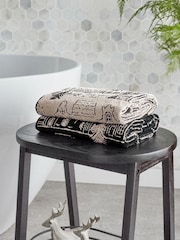 Set of 2 Black/White Mono Christmas Village 100% Cotton Towel Bale - Image 2 of 3