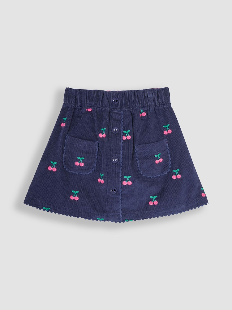 JoJo Maman Bébé Navy Blue Cherry Embroidered Cord Skirt - Image 1 of 4