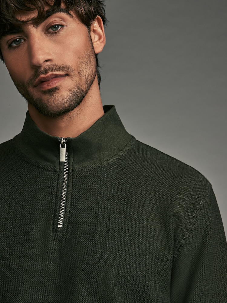 Khaki Green Marl Long Sleeve Textured Quarter Zip Jumper - Image 1 of 8