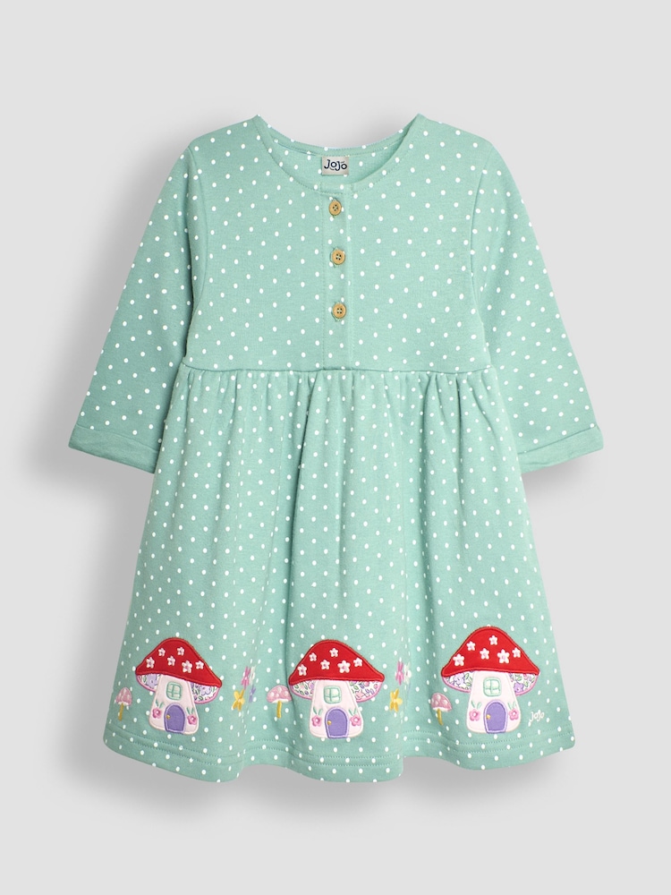 JoJo Maman Bébé Green Fairy & Toadstool Appliqué Button Front Dress - Image 1 of 3