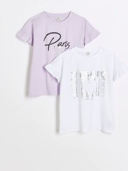 River Island Purple Girls 100% Cotton Tres Chic Frill T-Shirts 2 Pack - Image 1 of 4
