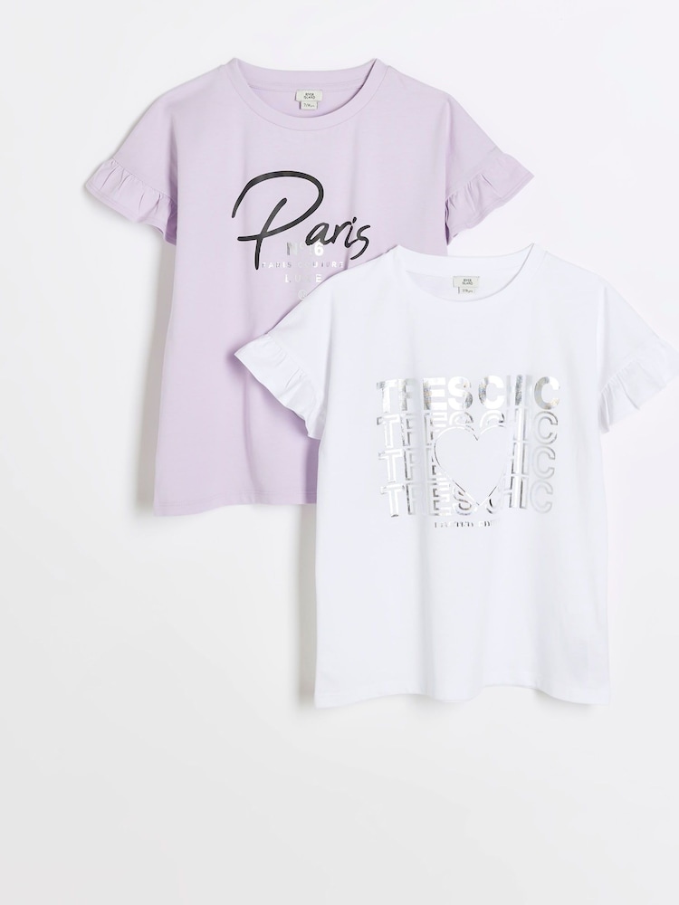 River Island Purple Girls 100% Cotton Tres Chic Frill T-Shirts 2 Pack - Image 1 of 4