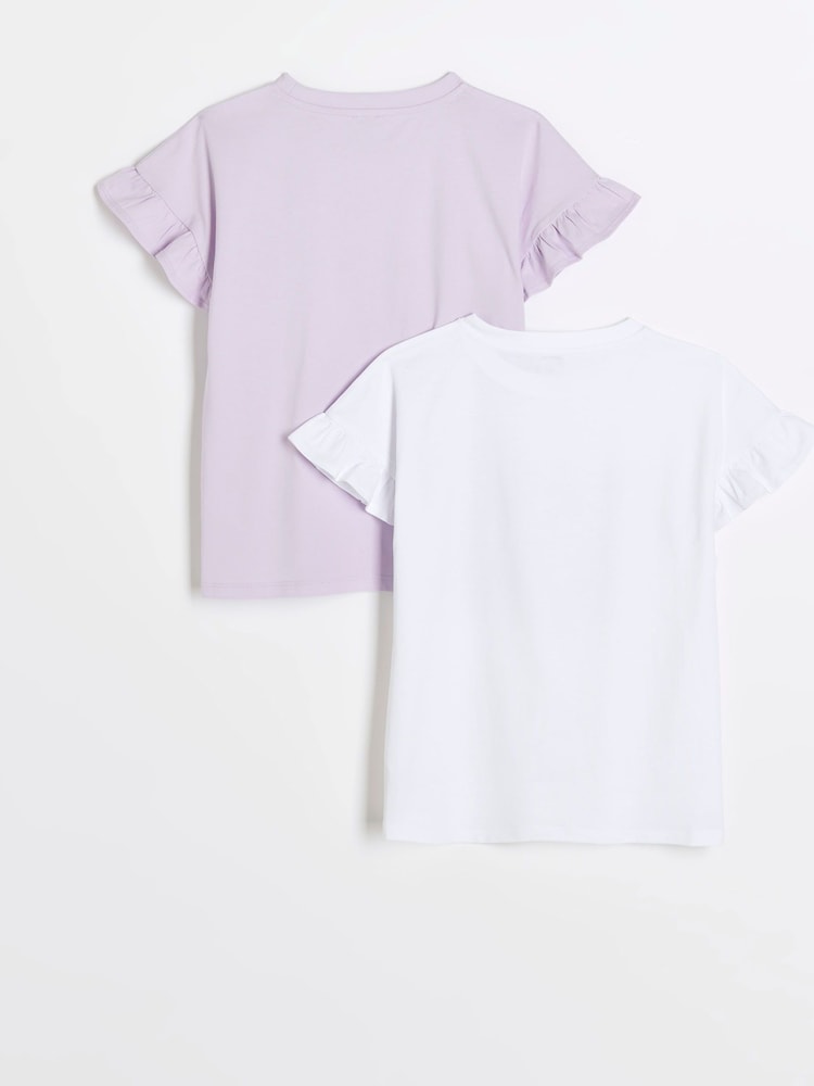 River Island Purple Girls 100% Cotton Tres Chic Frill T-Shirts 2 Pack - Image 2 of 4 River Island Purple Girls 100% Cotton Tres Chic Frill T-Shirts 2 Pack - Image 2 of 4