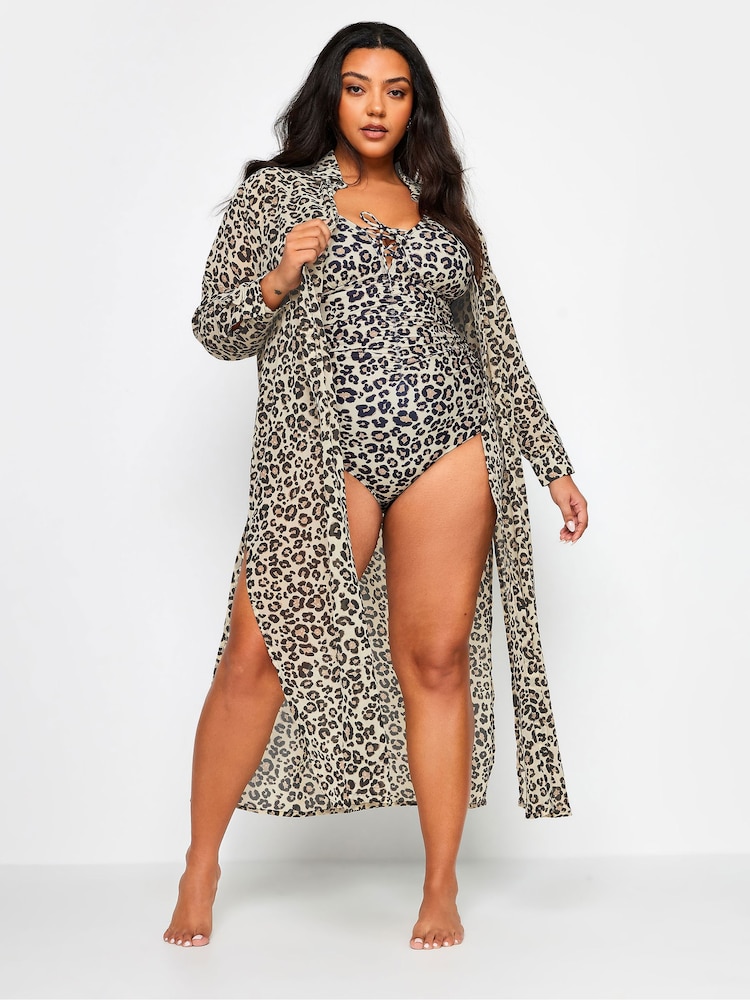 Yours Curve Animal Longline Leopard Print Beach Shirt - Image 1 of 5