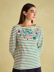 Joules Festive Harbour Green/White Boat Neck Breton Top - Image 1 of 6