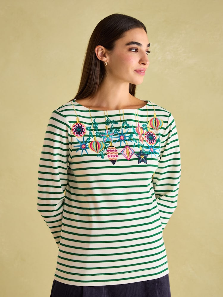 Joules Festive Harbour Green/White Boat Neck Breton Top - Image 1 of 6