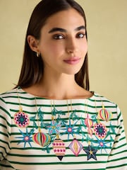 Joules Festive Harbour Green/White Boat Neck Breton Top - Image 4 of 6