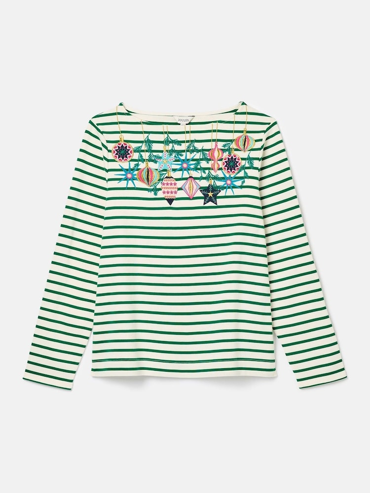 Joules Festive Harbour Green/White Boat Neck Breton Top - Image 6 of 6