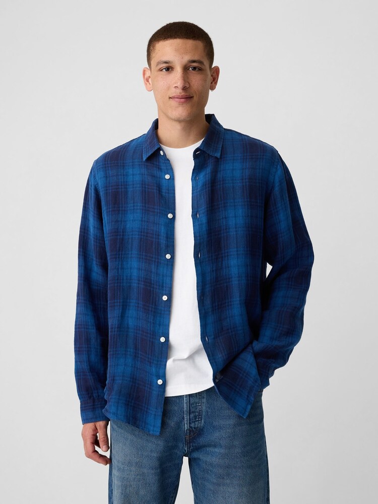 Gap Blue Check 100% Linen Long Sleeve Shirt - Image 1 of 5