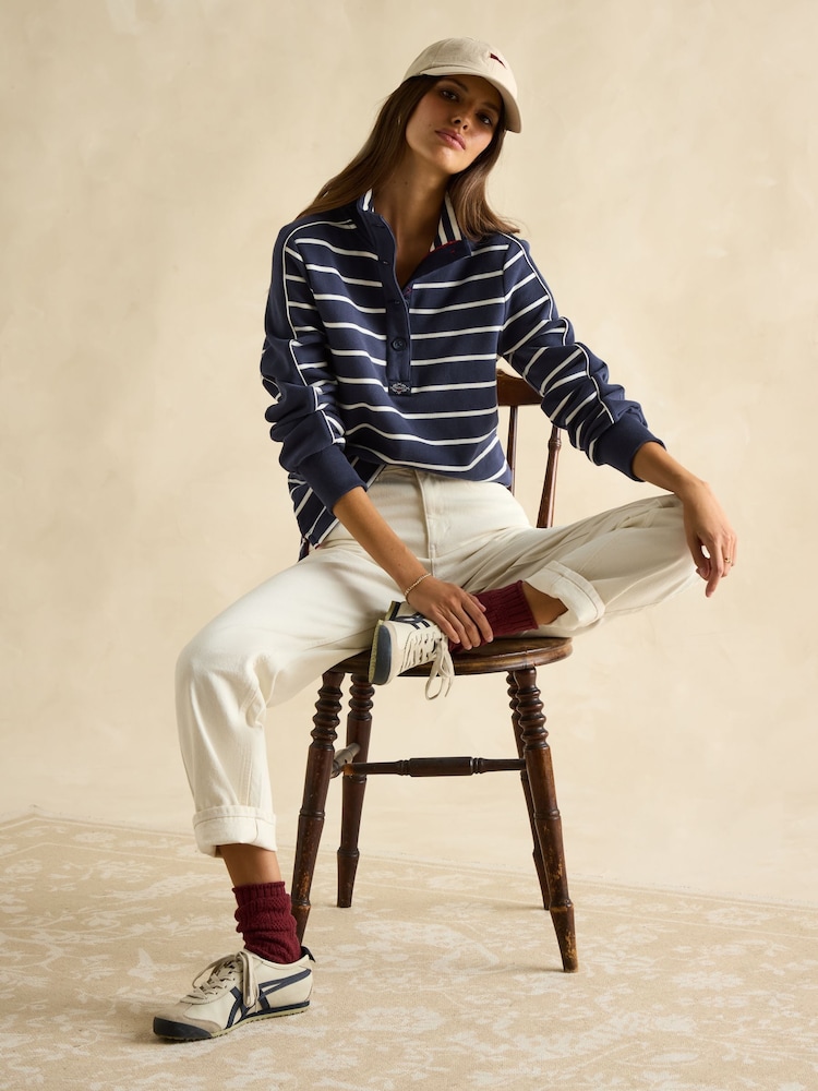 Joules Southwold Navy Blue & Cream Cotton Button Down Striped Sweatshirt - Image 4 of 8