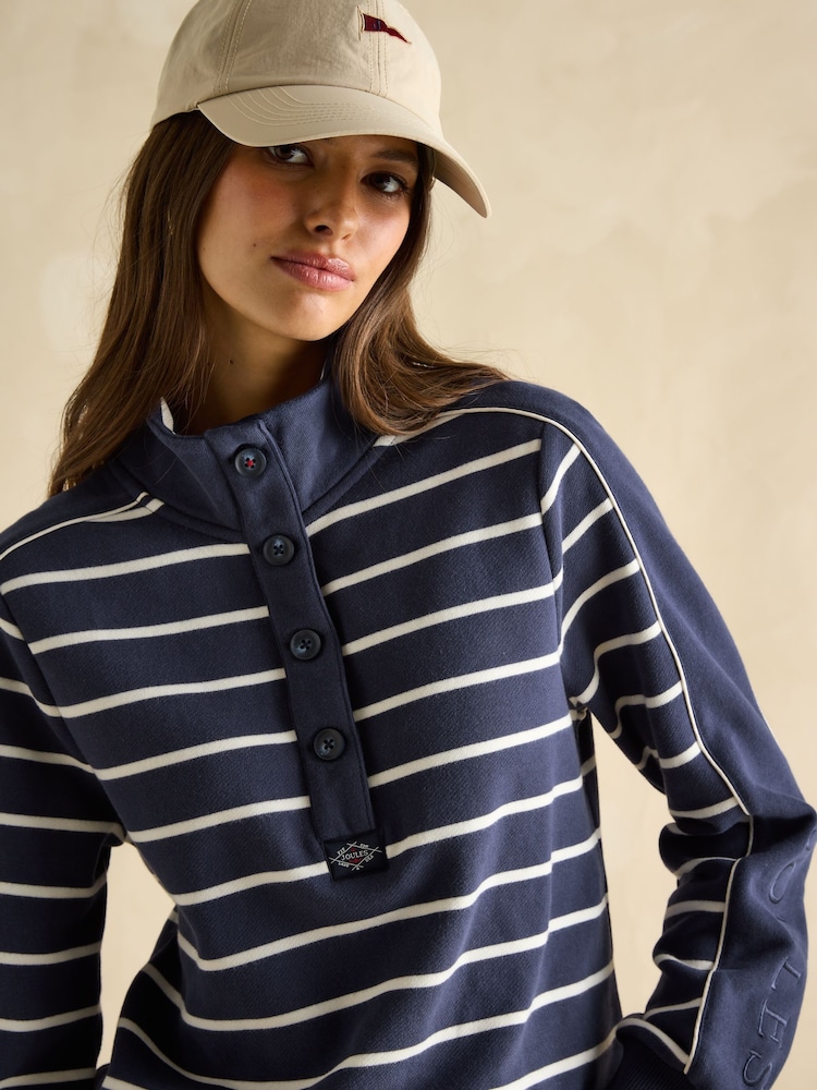 Joules Southwold Navy Blue & Cream Cotton Button Down Striped Sweatshirt - Image 5 of 8