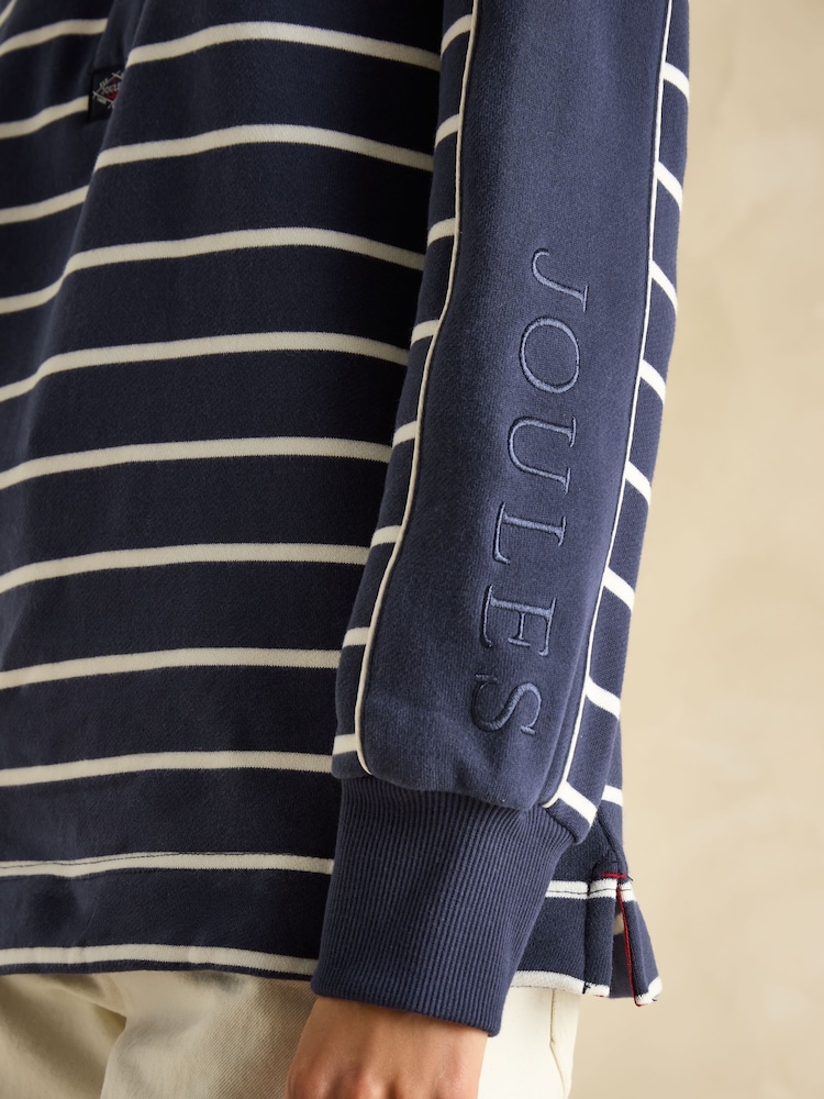 Joules Southwold Navy Blue & Cream Cotton Button Down Striped Sweatshirt - Image 7 of 8