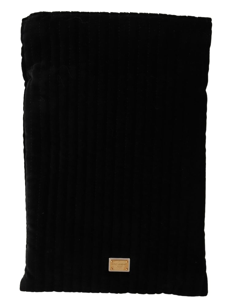 Dolce & Gabbana Velvet Quilt Drawstring Logo Plaque Pouch Black Bag - Image 1 of 4