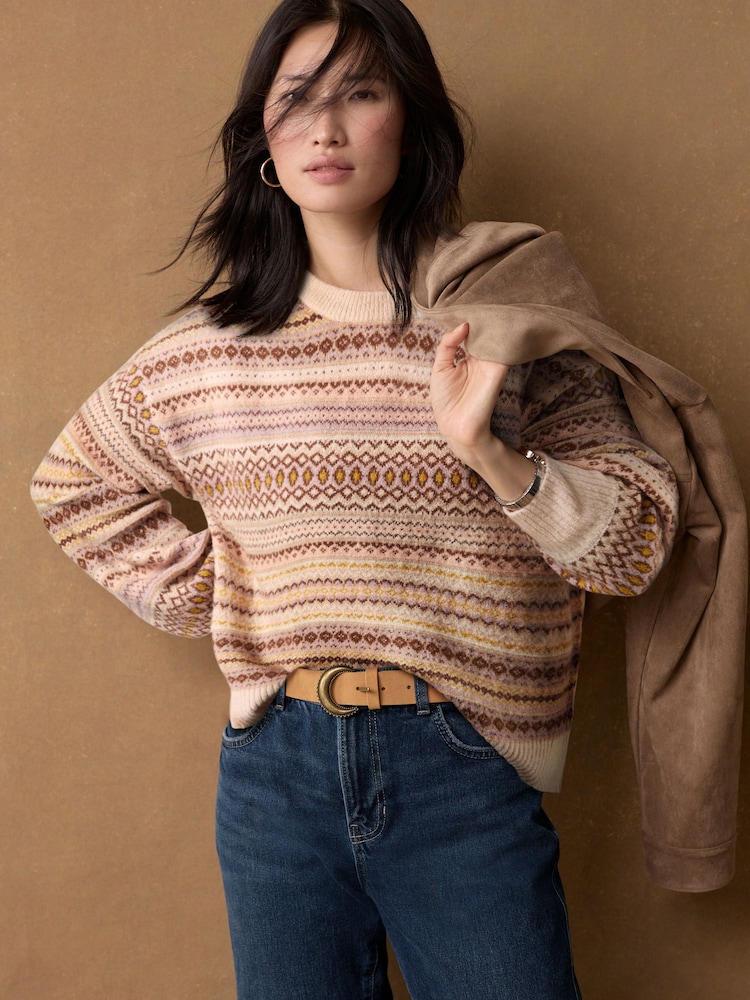 Neutrale Farbe - Rundhals-Strickpullover mit Fairisle-Muster und Streifen - Bild 1 von 8 Neutrale Farbe - Rundhals-Strickpullover mit Fairisle-Muster und Streifen - Bild 1 von 8