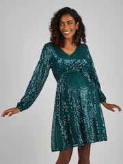 JoJo Maman Bébé Green Sequin V-Neck Maternity Mini Dress - Image 3 of 5