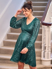 JoJo Maman Bébé Green Sequin V-Neck Maternity Mini Dress - Image 5 of 5