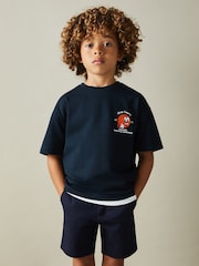 Reiss Washed Navy Nets 9-13 yrs Oversized Cotton Basketball Motif Crew Neck T-Shirt - Image 1 of 5