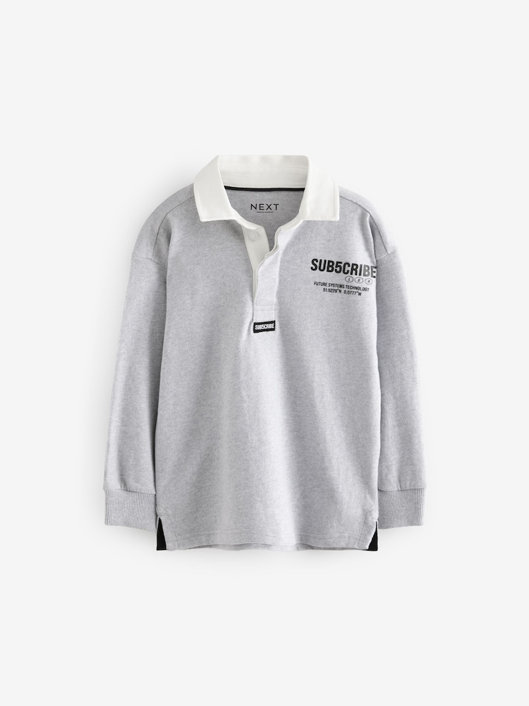 Grey Sub5cribe Long Sleeve Rugby 100% Cotton Polo Shirt (3-16yrs) - Image 1 of 4