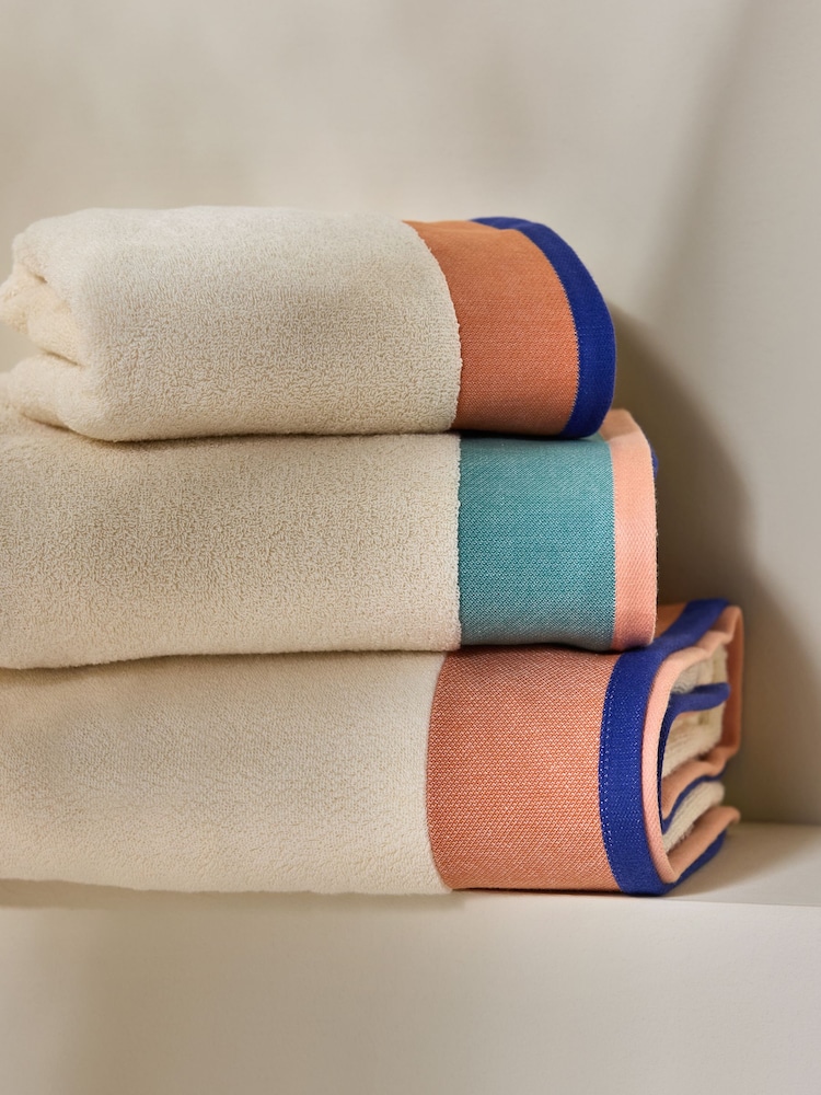 MADE.COM Peach and Blues Dax Border 100% Cotton Towel - Image 1 of 3