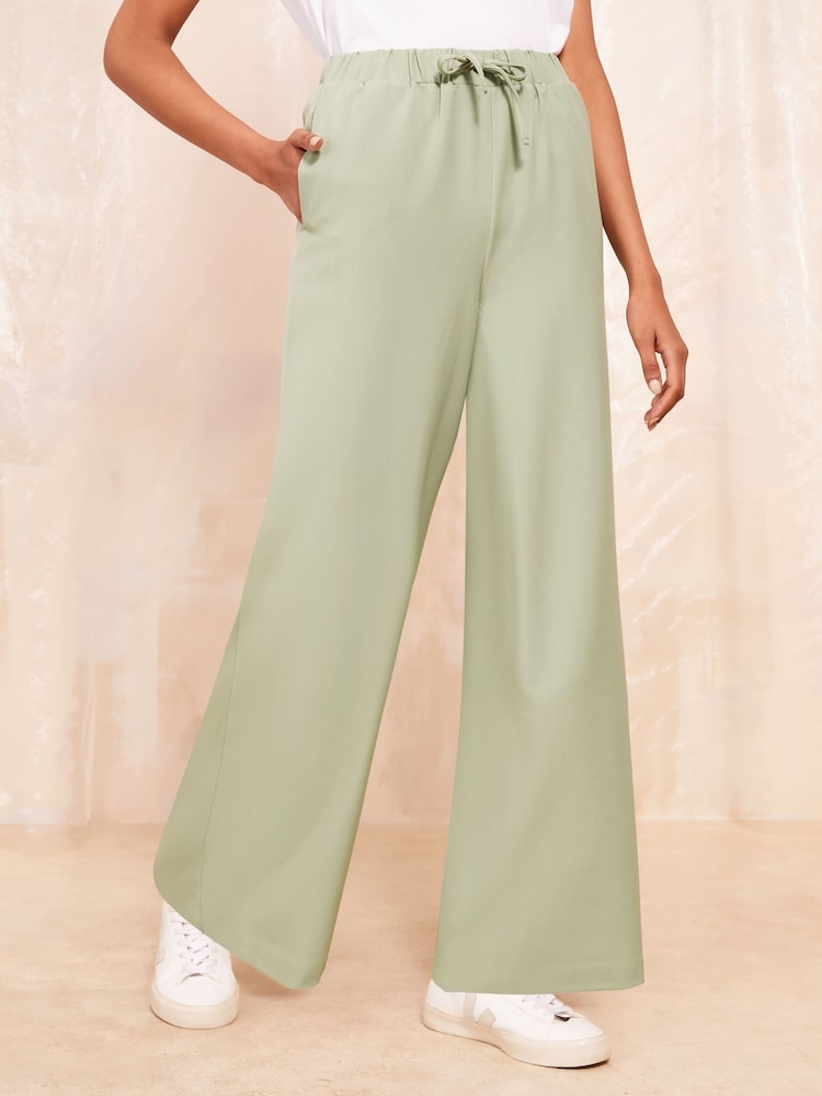 Friends Like These Khaki Green Wide Leg Elasticated Belted Trousers - Image 1 of 4