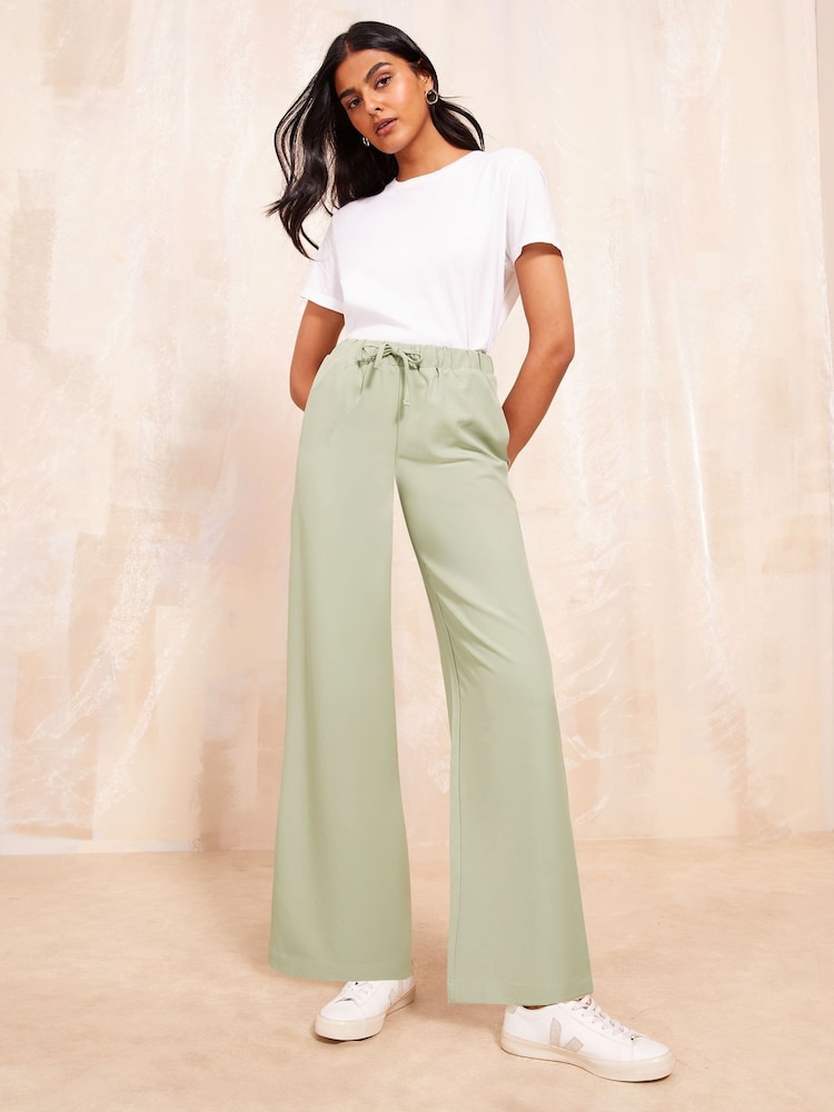 Friends Like These Khaki Green Wide Leg Elasticated Belted Trousers - Image 2 of 4