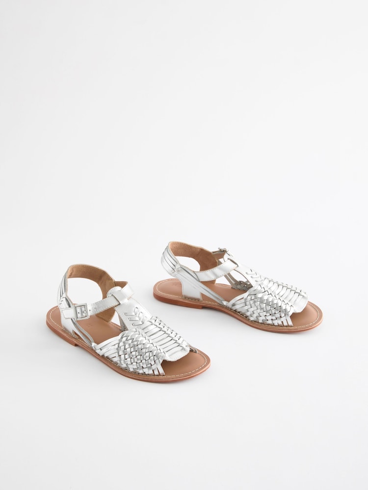 Silver Leather Weave Huaraches Sandals - Image 1 of 6