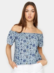 Long Tall Sally Blue Floral Print Button Detail Bardot 100% Cotton Top - Image 1 of 5