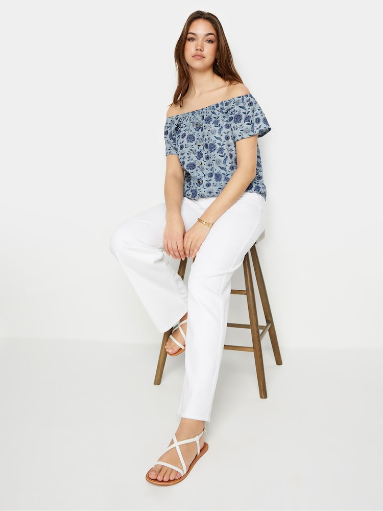 Long Tall Sally Blue Floral Print Button Detail Bardot 100% Cotton Top - Image 2 of 5
