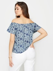 Long Tall Sally Blue Floral Print Button Detail Bardot 100% Cotton Top - Image 3 of 5