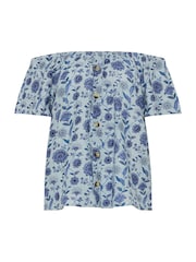 Long Tall Sally Blue Floral Print Button Detail Bardot 100% Cotton Top - Image 5 of 5