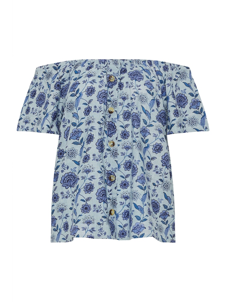 Long Tall Sally Blue Floral Print Button Detail Bardot 100% Cotton Top - Image 5 of 5