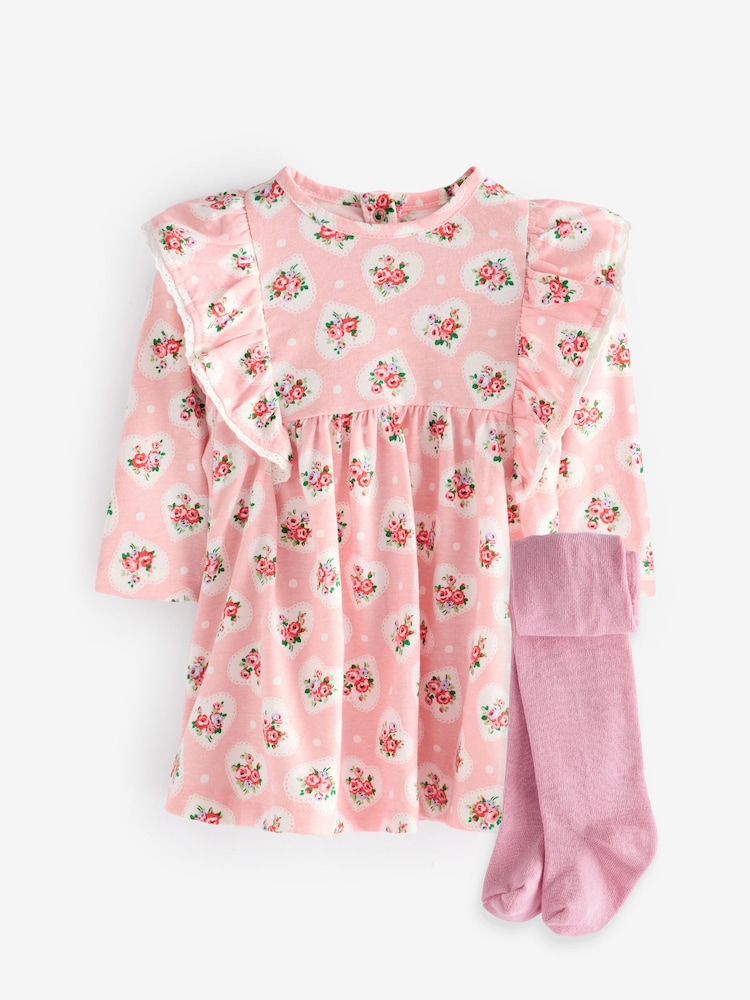 Cath Kidston Pink Floral Baby Jersey 100% Cotton Dress with Tights - Image 1 of 6