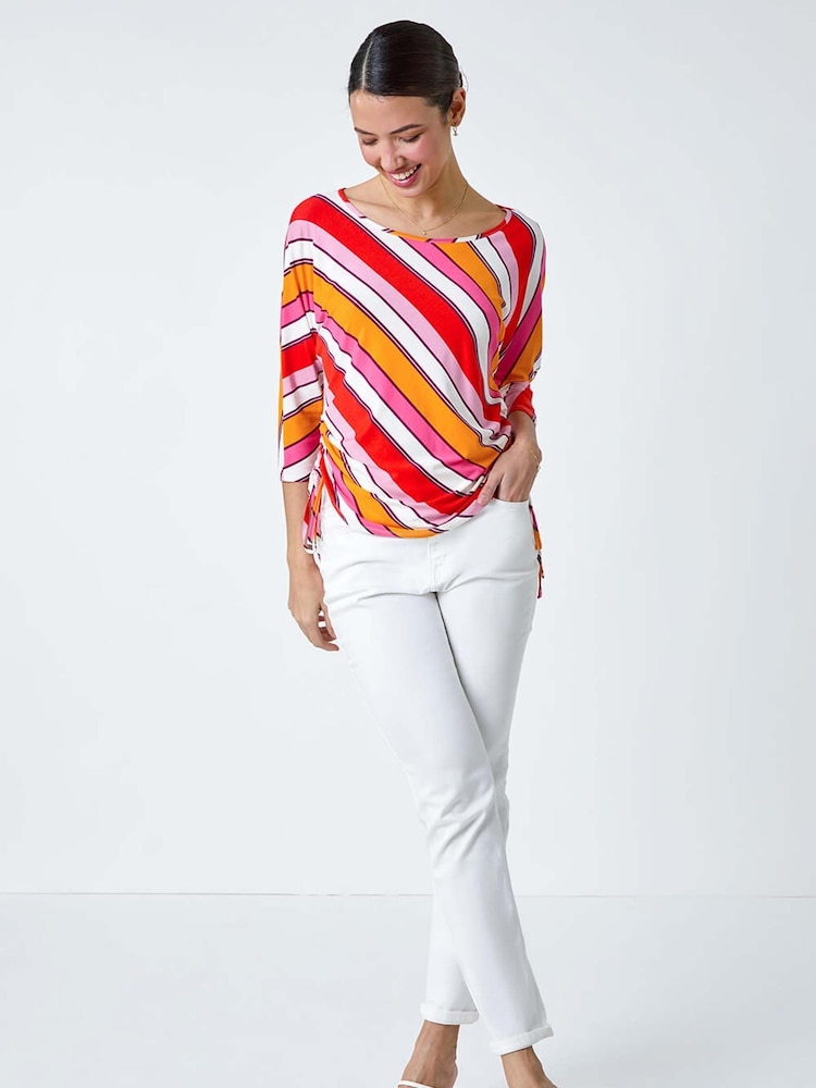 Roman Red Stripe Print Ruched Stretch Top - Image 1 of 5