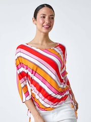 Roman Red Stripe Print Ruched Stretch Top - Image 2 of 5