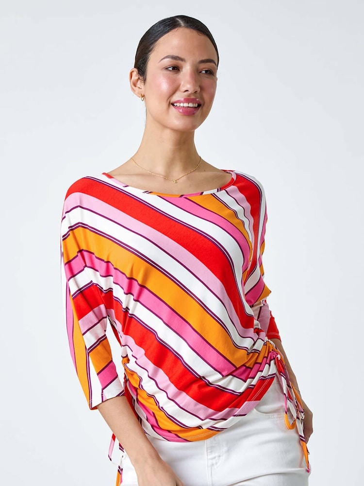 Roman Red Stripe Print Ruched Stretch Top - Image 2 of 5