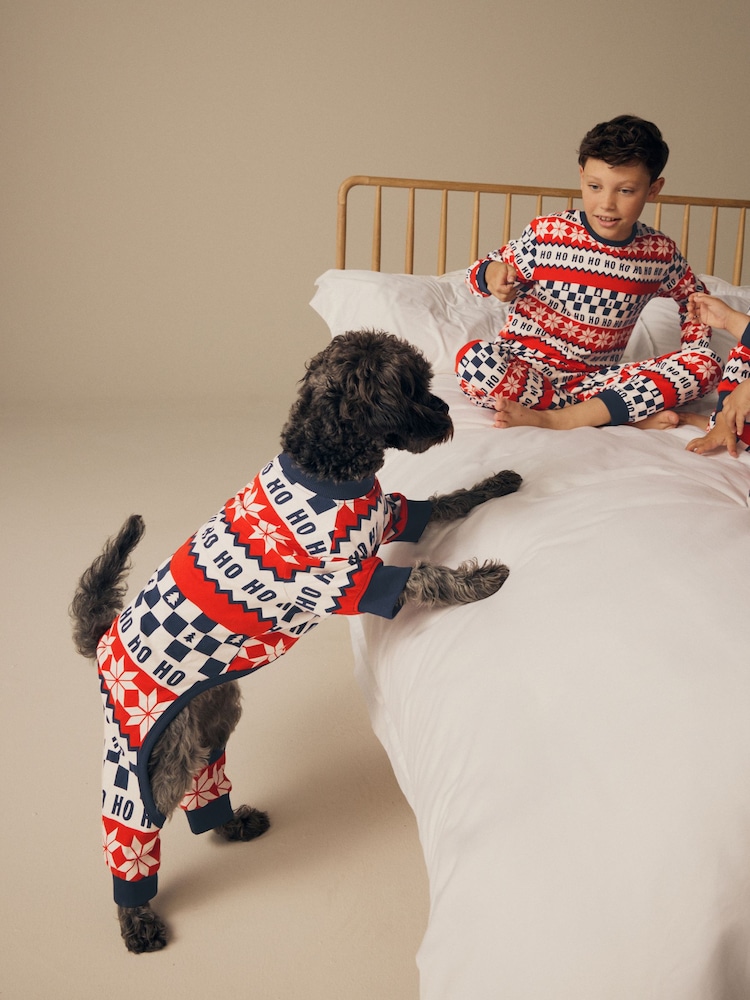 Red/Navy Blue Matching Family Pets Christmas Ho Ho Ho Fairisle Pattern 100% Cotton Pyjamas - Image 2 of 9