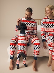 Red/Navy Blue Matching Family Pets Christmas Ho Ho Ho Fairisle Pattern 100% Cotton Pyjamas - Image 3 of 9