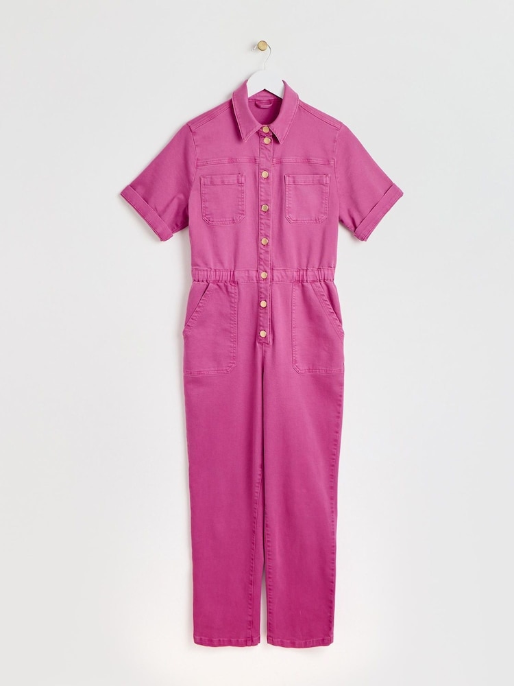 Oliver Bonas Pink Denim Short Sleeve Jumpsuit - Image 1 of 6