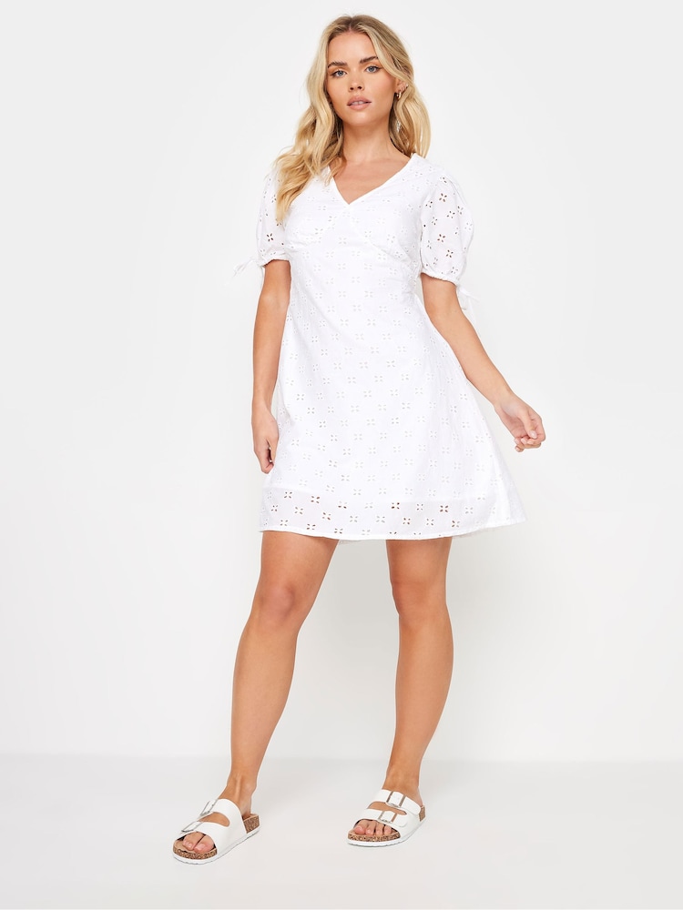 PixieGirl Petite White 100% Cotton Tie Front Broderie Dress - Image 1 of 4